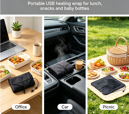 حقيبة تسخين طعام تعمل بمنفذ USB بتصميم لف مرن ومواد آمنة غذائيًا توفر تسخينًا ثابتًا ولطيفًا للوجبات المعبأة